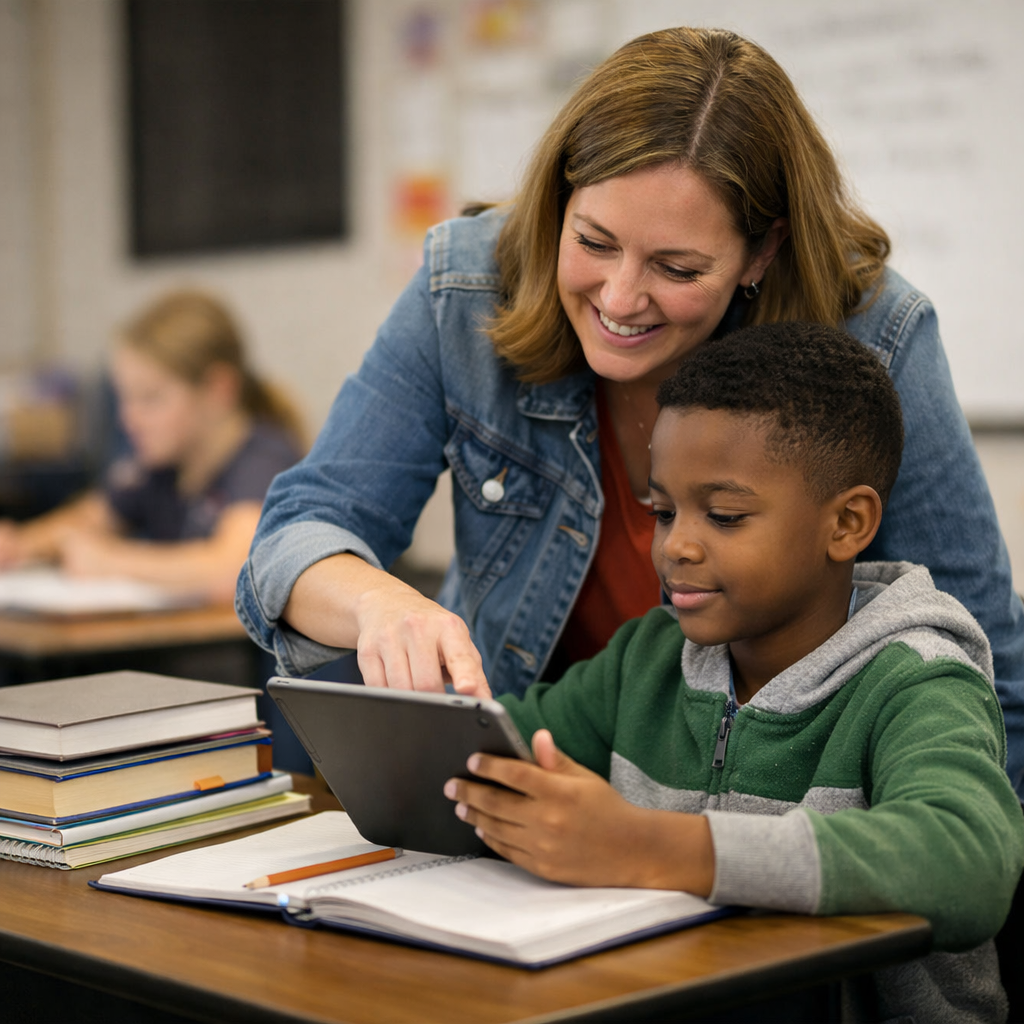 Teacher helping student